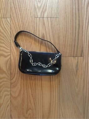 BY FAR Black Patent Mini Shoulder Bag with Silver Chain